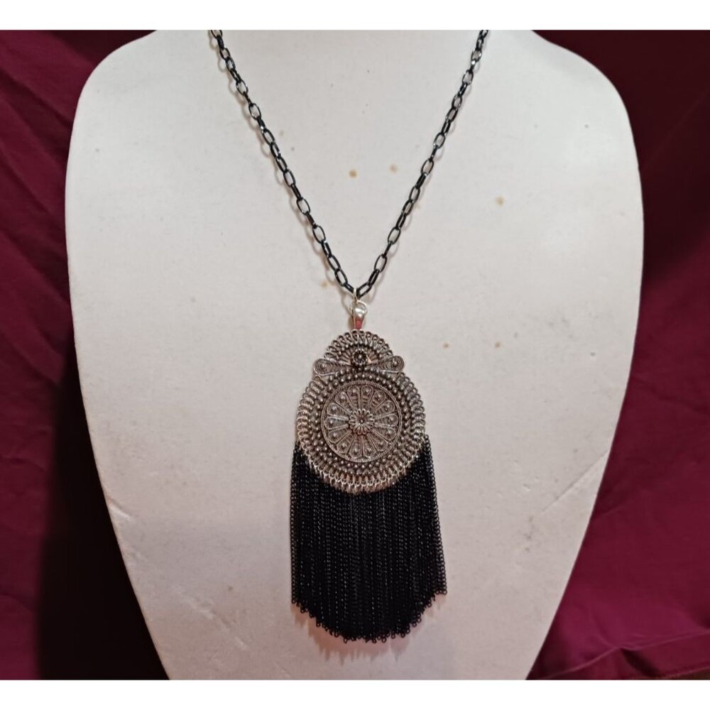 Handmade Black and Dark Silver Tassel Statement Fashion Medallion Necklace - Picture 3 of 8